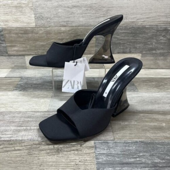 ZARA Heel Sandals Women’s 7.5 Black Methacrylate Open Toe 3663 - Picture 2 of 8